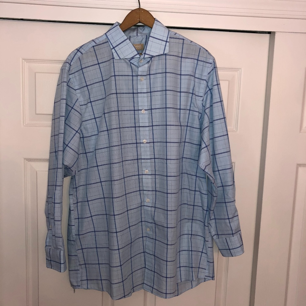 Michael Kors Blue Windowpane Dress Shirt, 17/32-33